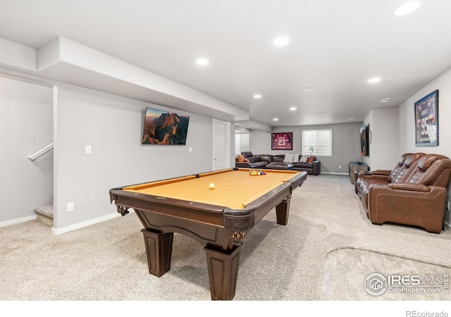 1625 Glacier Ave, Berthoud, CO 80513 - playroom with light colored carpet, recessed lighting, and billiards table
