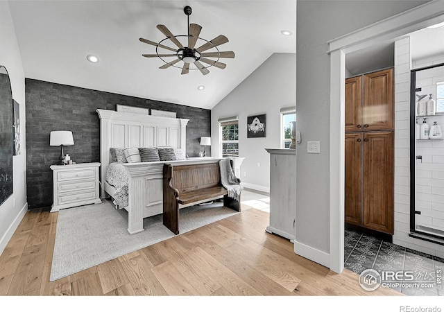 1115 Kestrel Rd, Eaton, CO 80615 - bedroom with light wood-style flooring, lofted ceiling, recessed lighting, and ceiling fan