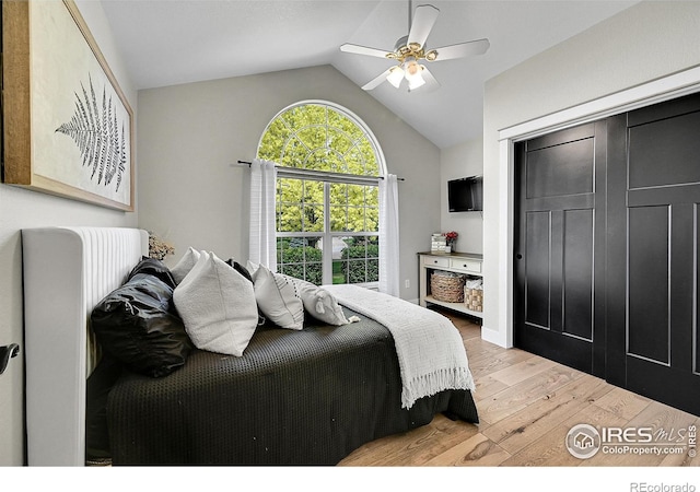 1115 Kestrel Rd, Eaton, CO 80615 - bedroom with wood finished floors, vaulted ceiling, and ceiling fan