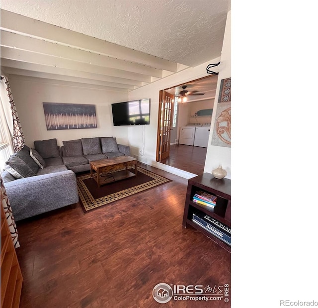 1031 N Lincoln Ave, Loveland, CO 80537 - living room featuring separate washer and dryer, ceiling fan, a textured ceiling, wood finished floors, and beam ceiling