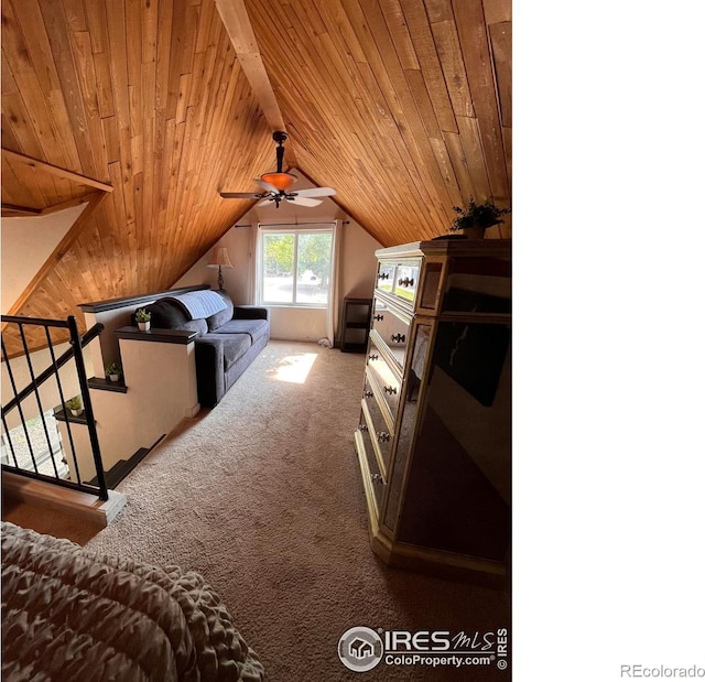 1031 N Lincoln Ave, Loveland, CO 80537 - bedroom featuring carpet floors, wooden ceiling, and lofted ceiling