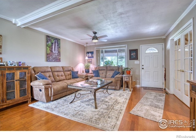 1400 Darton Dr, Johnstown, CO 80534 - living area with wood finished floors, ornamental molding, ceiling fan, and french doors