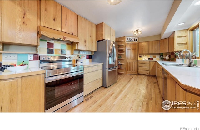 2319 Cotswold Ct, Fort Collins, CO 80526 - kitchen featuring appliances with stainless steel finishes, under cabinet range hood, open shelves, light wood finished floors, and light countertops