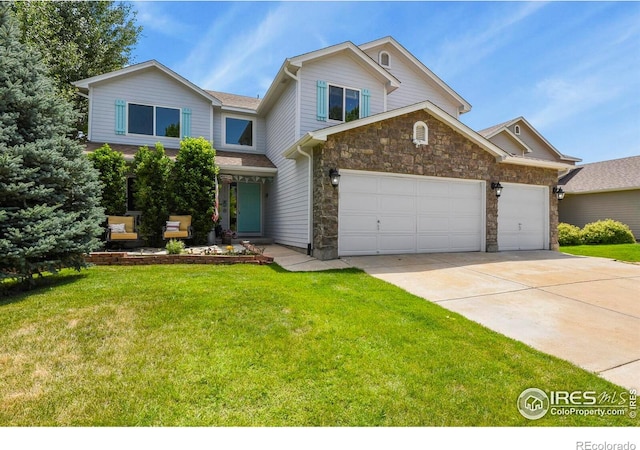 1169 Cooke Ct, Erie, CO 80516 - traditional-style house featuring driveway, stone siding, a front yard, and an attached garage
