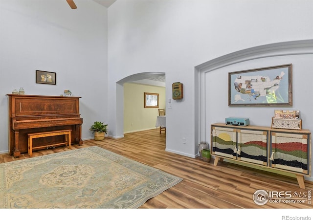 1169 Cooke Ct, Erie, CO 80516 - living area with arched walkways, wood finished floors, and a high ceiling