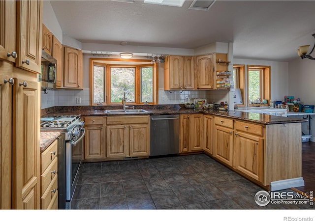 952 Steamboat Valley Rd, Lyons, CO 80540 - kitchen featuring stainless steel appliances, a peninsula, decorative backsplash, dark stone counters, and open shelves