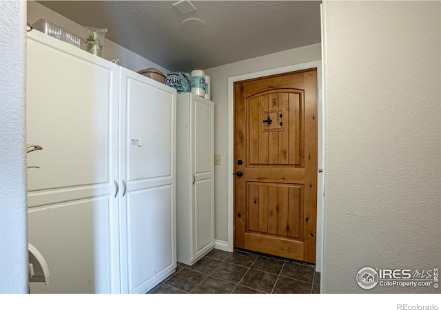 952 Steamboat Valley Rd, Lyons, CO 80540 - foyer entrance featuring dark tile patterned flooring, a textured wall, and a textured ceiling