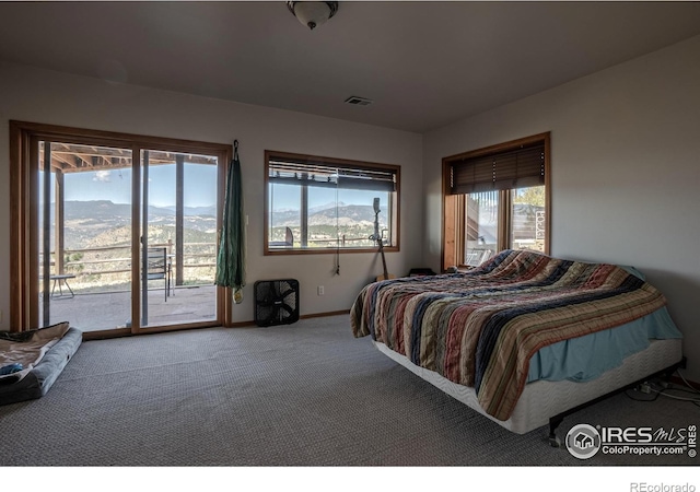 952 Steamboat Valley Rd, Lyons, CO 80540 - bedroom featuring multiple windows, access to outside, carpet floors, and a mountain view