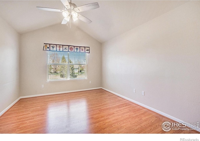 5225 White Willow Dr Unit H210, Fort Collins, CO 80528 - empty room featuring vaulted ceiling, wood finished floors, and ceiling fan