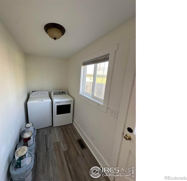 253 7th St, Frederick, CO 80530 - laundry room featuring washer and clothes dryer and dark wood-type flooring