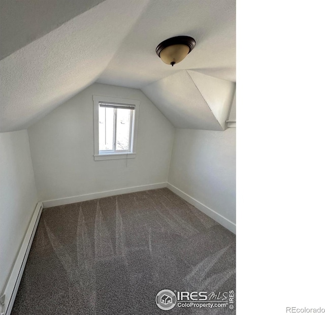 253 7th St, Frederick, CO 80530 - bonus room with baseboard heating, vaulted ceiling, carpet floors, and a textured ceiling