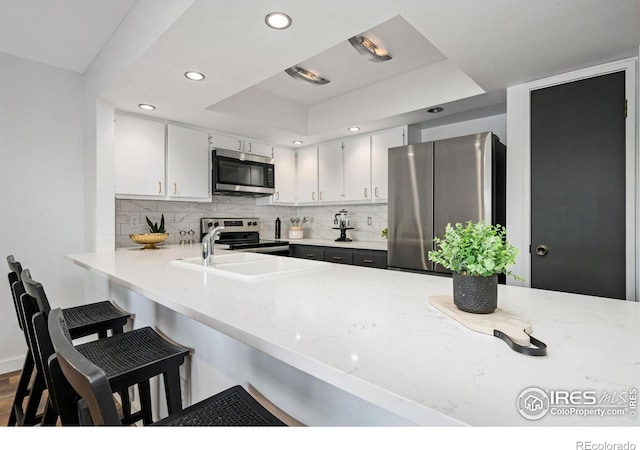 547 Spindrift Ct, Fort Collins, CO 80525 - kitchen featuring stainless steel appliances, backsplash, recessed lighting, a peninsula, and a breakfast bar area