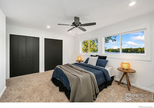 547 Spindrift Ct, Fort Collins, CO 80525 - bedroom with carpet floors, recessed lighting, two closets, and a ceiling fan