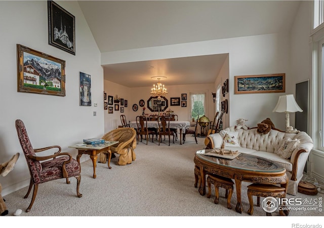 12711 Buckhorn Rd, Loveland, CO 80538 - living area with a chandelier, carpet flooring, and vaulted ceiling