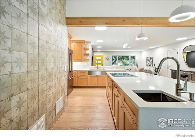 2545 Woodstock Pl, Boulder, CO 80305 - kitchen featuring light wood-style flooring, light countertops, pendant lighting, open shelves, and recessed lighting