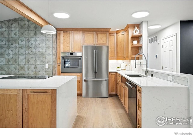 2545 Woodstock Pl, Boulder, CO 80305 - kitchen featuring open shelves, appliances with stainless steel finishes, light wood finished floors, decorative backsplash, and a peninsula