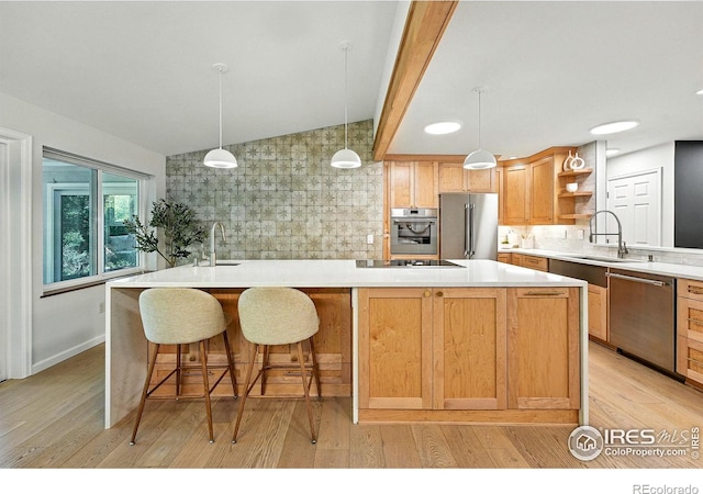 2545 Woodstock Pl, Boulder, CO 80305 - kitchen featuring open shelves, vaulted ceiling, light wood-style flooring, decorative backsplash, and light countertops