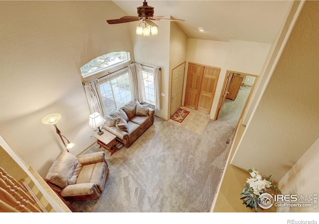 4500 Seneca St Unit 11, Fort Collins, CO 80526 - living area featuring carpet floors, high vaulted ceiling, and a ceiling fan