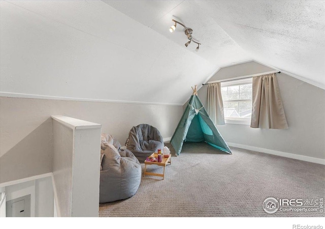 511 E Prospect Rd, Fort Collins, CO 80525 - game room featuring vaulted ceiling, a textured ceiling, and carpet floors
