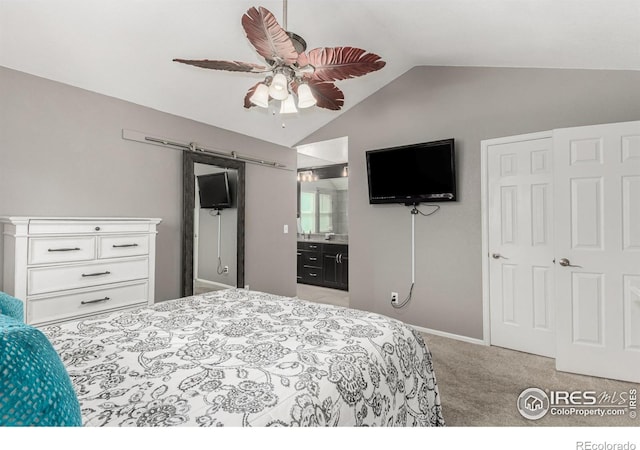 11417 King Way, Westminster, CO 80031 - bedroom with vaulted ceiling, carpet, a ceiling fan, and ensuite bathroom