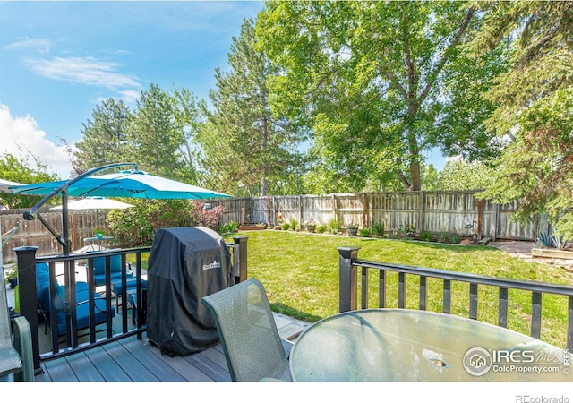 11417 King Way, Westminster, CO 80031 - wooden terrace featuring outdoor dining area, grilling area, and a fenced backyard