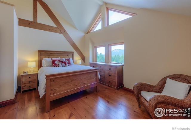 bedroom with hardwood / wood-style floors and high vaulted ceiling