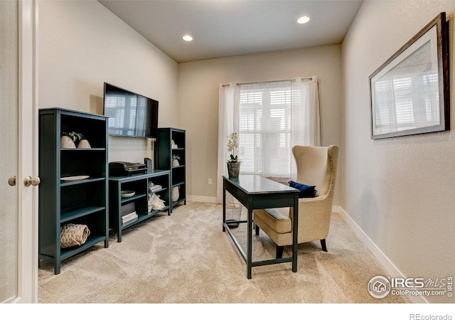 home office with light colored carpet