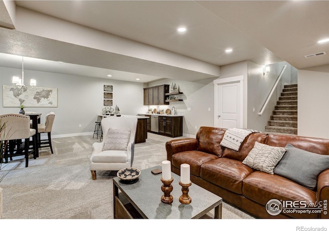 living room featuring light carpet and bar area