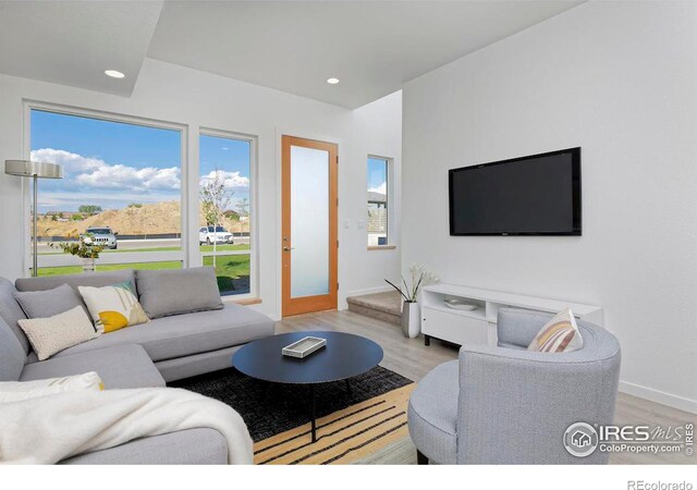 living room featuring a wealth of natural light and light hardwood / wood-style floors