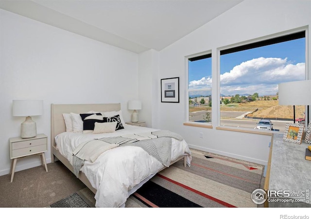 bedroom with carpet flooring, baseboards, and lofted ceiling