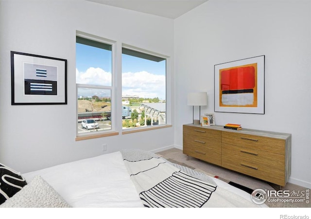 bedroom with light colored carpet