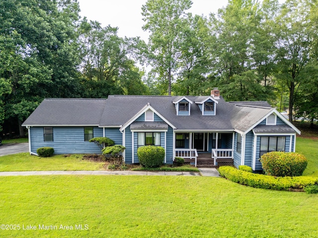 226 Auburn Dr, Alexander City, AL 35010 - view of front facade with covered porch, a front lawn, a chimney, and roof with shingles