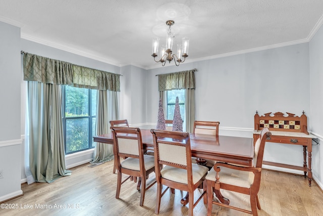 226 Auburn Dr, Alexander City, AL 35010 - dining room with a chandelier, light wood finished floors, ornamental molding, and a textured ceiling