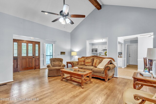 226 Auburn Dr, Alexander City, AL 35010 - living area featuring high vaulted ceiling, a ceiling fan, beam ceiling, and light wood-type flooring