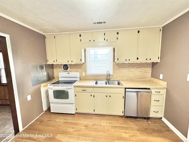 2821 Hillabee Rd, Alexander City, AL 35010 - kitchen featuring white range with electric stovetop, tasteful backsplash, light wood-type flooring, a sink, and dishwasher