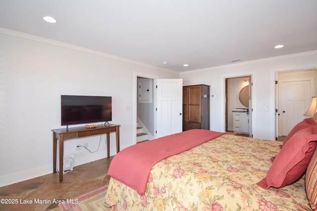 bedroom with visible vents, crown molding, baseboards, electric panel, and recessed lighting