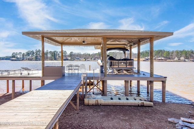 view of dock with a water view and boat lift