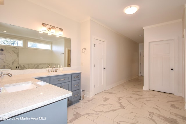 full bath featuring crown molding, walk in shower, baseboards, marble finish floor, and vanity