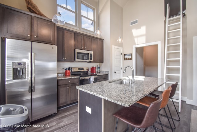 kitchen with sink, light stone counters, a towering ceiling, an island with sink, and appliances with stainless steel finishes