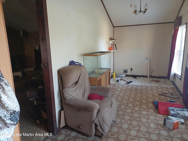 interior space featuring lofted ceiling and crown molding