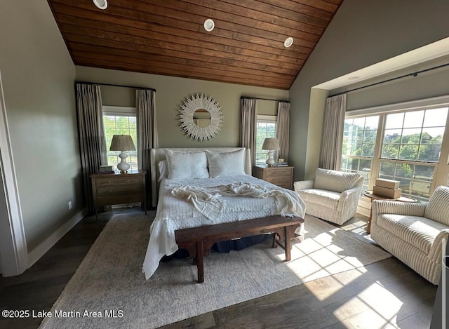 bedroom featuring wood finished floors, wood ceiling, lofted ceiling, and multiple windows