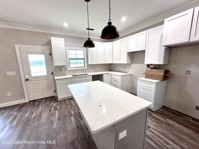 kitchen with white cabinets, dark hardwood / wood-style flooring, pendant lighting, and light stone counters