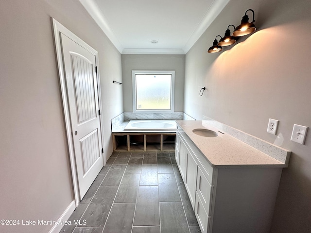 bathroom featuring ornamental molding, vanity, and a tub