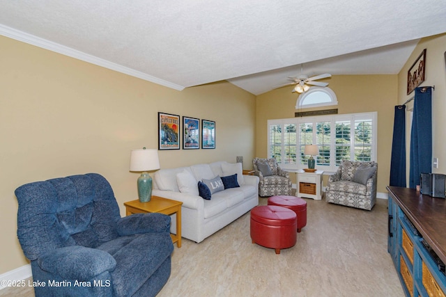 living area with vaulted ceiling, baseboards, ceiling fan, and crown molding