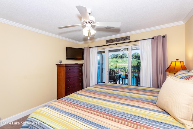 bedroom with access to exterior, carpet flooring, ornamental molding, a textured ceiling, and ceiling fan