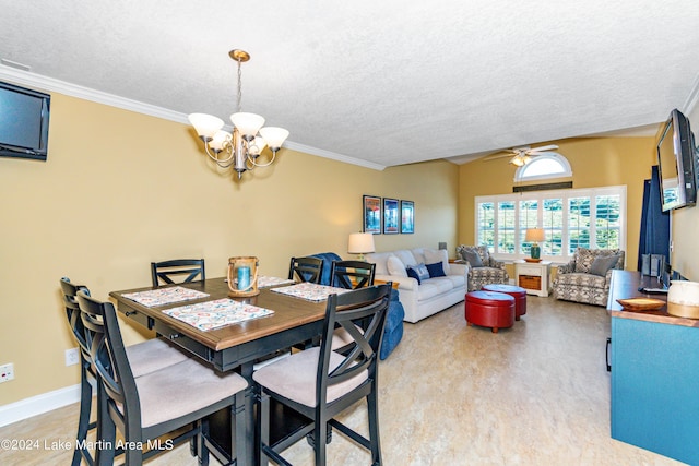 dining room featuring a textured ceiling, light hardwood / wood-style floors, ceiling fan with notable chandelier, and ornamental molding