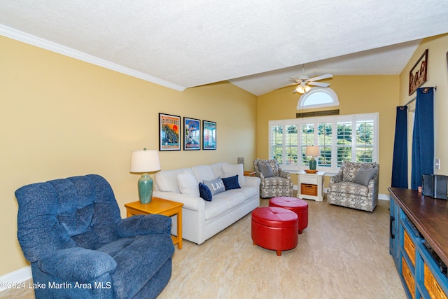 living room with a textured ceiling, ceiling fan, vaulted ceiling, and ornamental molding