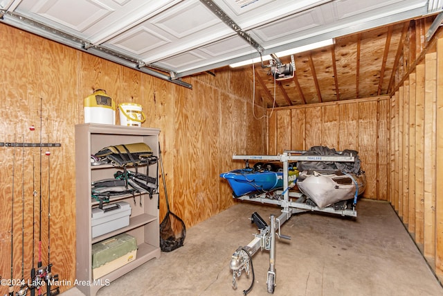 garage with wood walls