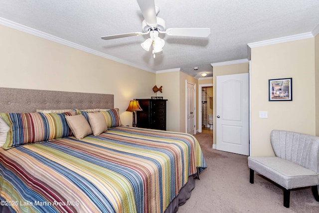 carpeted bedroom with a ceiling fan, crown molding, and a textured ceiling