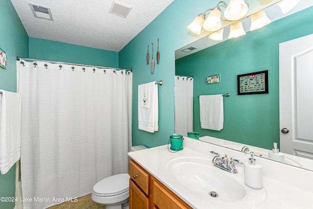 bathroom featuring vanity, a textured ceiling, and toilet